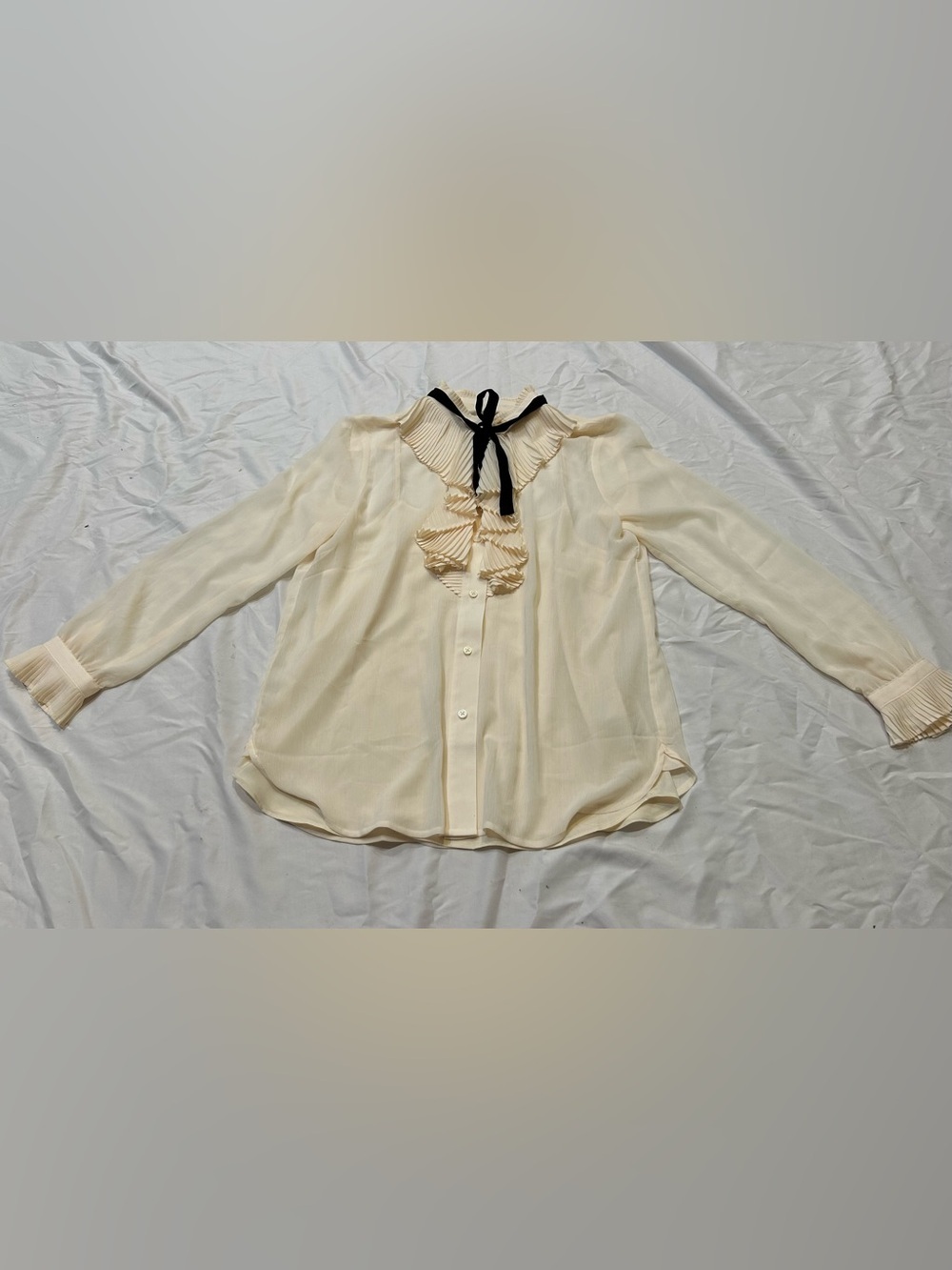 J. Crew Cream Ruffle Tie-Neck Blouse with Black Bow EUC